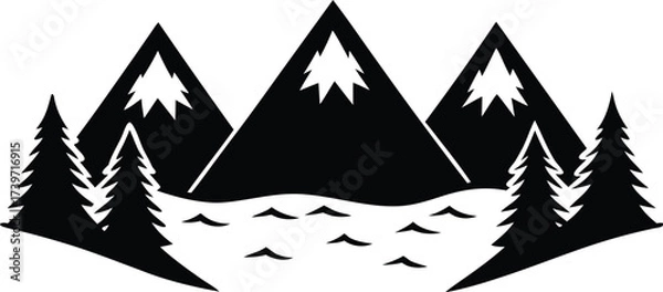 Fototapeta Three distinct hand drawn mountain range illustrations with pine trees and a winding river in a sketch style
