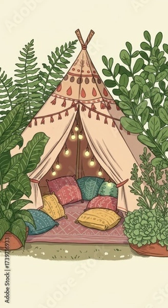 Fototapeta A cozy illustration presents a decorative teepee tent decorated with string lights and fringed accents, featuring numerous pillows on a patterned rug, surrounded by lush greenery including various...