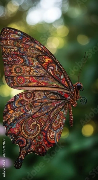 Fototapeta Intricate and colorful butterfly displays a detailed pattern of artistic designs on its wings, resting against a blurred, vibrant green background with soft, circular bokeh, showcasing nature's...