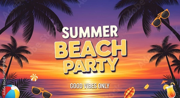 Obraz Vibrant summer beach party invitation with palm trees and sunset sky