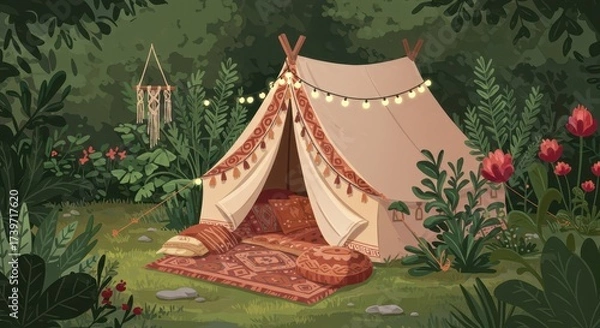 Fototapeta Scenic illustration depicts a cozy camping tent nestled within a lush, green forest setting, adorned with string lights and decorative elements.