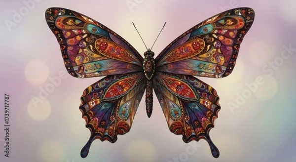 Fototapeta Detailed illustration presents a butterfly, its wings displaying intricate patterns with vibrant color gradients, against a softly blurred background featuring bokeh effects, evoking feelings of...