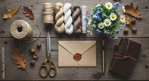 Fototapeta Cozy autumn workspace with yarn, flowers, scissors, and stationery on rustic wooden table