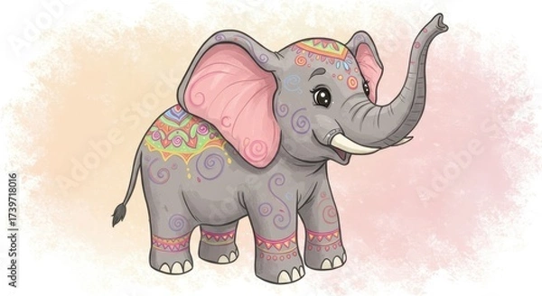 Fototapeta A charming, illustrated elephant with intricate, colorful patterns on its skin and ears, positioned against a soft, pastel backdrop.