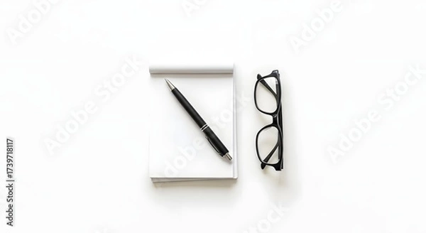 Fototapeta Minimalist workspace setup featuring a notepad, pen, and glasses on a clean white surface