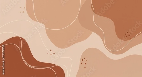 Fototapeta Abstract composition featuring flowing shapes and organic forms in warm, earthy tones with hints of white lines and scattered dot details, creating a minimalist and modern aesthetic background.