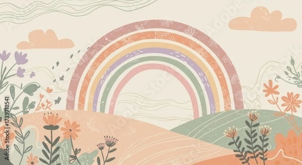 Fototapeta Delightful illustration showcasing a vibrant rainbow arching over a serene landscape featuring rolling hills, blossoming flowers, and soft clouds with pastel colors, creating a cheerful and idyllic...