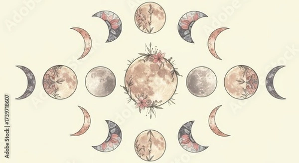 Fototapeta Intricate watercolor illustration showcases celestial phases, displaying crescent and full moons, adorned with botanical elements and floral accents in a symmetrical, circular arrangement against a...