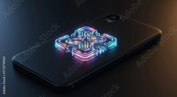Fototapeta Abstract geometric design glows brightly with multiple colors, emitting a futuristic holographic appearance on the dark surface of a modern handheld communication device, creating a digital...