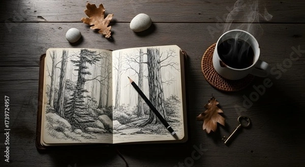 Fototapeta A cozy workspace featuring an open sketchbook with forest illustrations, coffee cup, and autumn leaves