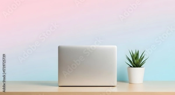 Fototapeta Modern workspace with a sleek laptop on a wooden desk, accompanied by a small potted plant against a pastel background