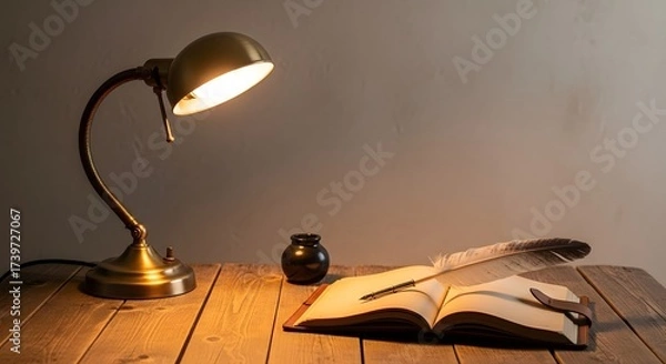 Fototapeta Cozy writing desk scene with a lamp illuminating an open book, ink pot, and feather pen on wooden table