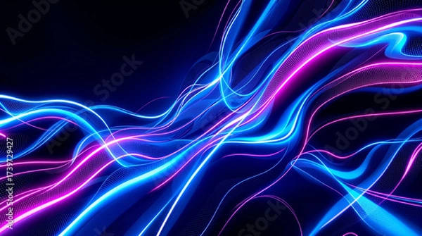 Fototapeta Dynamic neon light trails swirl and flow across a dark abstract background, creating a futuristic and energetic visual.