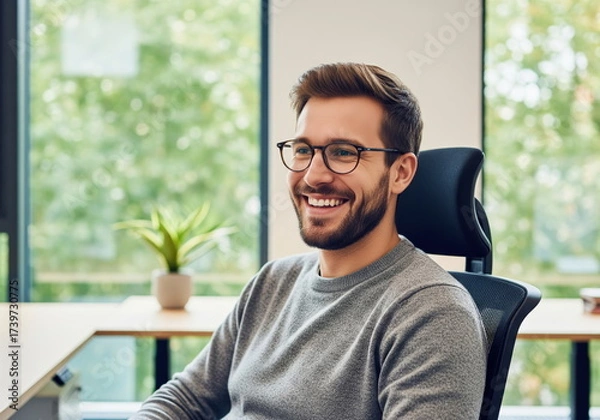 Fototapeta Joyful Professional at Desk: A cheerful professional, glasses perched perfectly, beams with genuine happiness while seated at his desk in a well-lit modern office space.