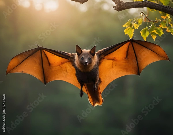 Fototapeta bat on the sky, Large flying fox bat flying with open wings