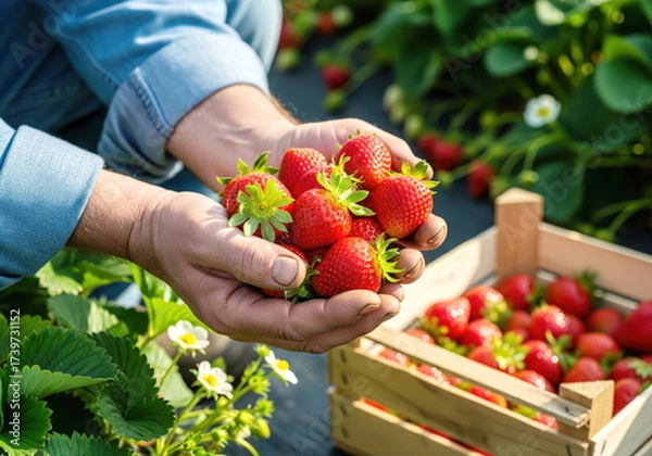 Fototapeta Harvest of Flavor: A farmer's hands cradle a generous handful of vibrant, ripe strawberries, embodying the essence of freshness and the bounty of the earth.