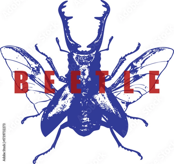 Obraz Flying Stag Beetle, Wings Spread, Blue Stipple Engraving, Red Text Graphic, High Contrast Vintage T-Shirt Design, Insect, Lucanus, Entomology Vector Art.