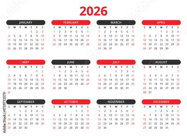 Fototapeta 2026 year vector calendar with black red colors (english, week start sunday)