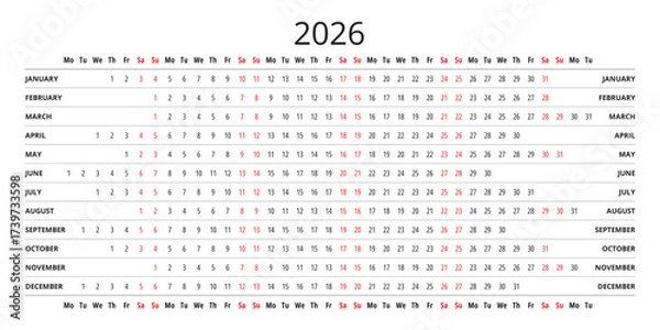 Fototapeta Simple 2026 year linear calendar. english vector