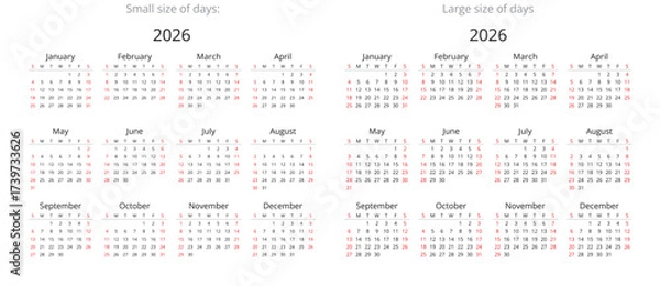 Fototapeta 2026 simple calendars with different size of days. English vector design (week starts sunday)