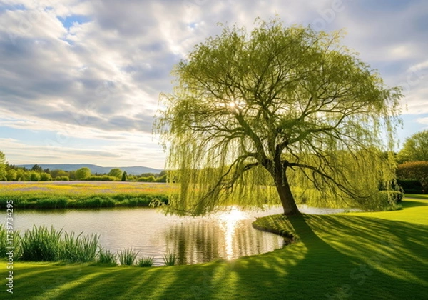 Fototapeta Scenic Willow in Sunlight: A solitary willow tree stands proudly by a tranquil lake, its graceful branches cascading downwards as sunlight streams through the lush foliage.