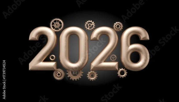 Fototapeta The year 2026 rendered in a 3D industrial steampunk style, featuring bronze mechanical gears and cogs on a dark background concept