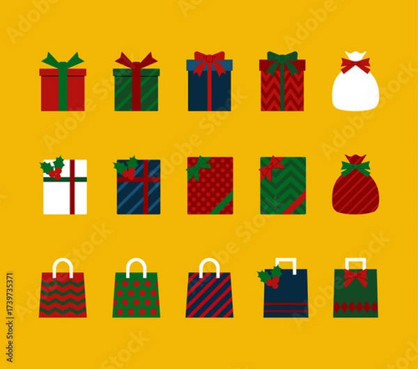 Fototapeta シンプルで可愛いクリスマスギフトのベクターイラストセット