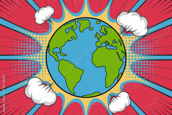 Obraz Cartoon Earth Globe with Comic Book Style Explosion and Clouds Illustration for Science and Education Projects