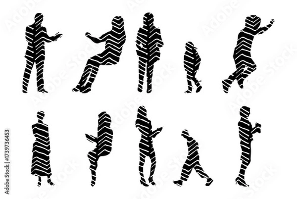 Obraz Vector illustration, Outline silhouettes of people, Contour drawing, people silhouette, Icon Set Isolated , Silhouette of sitting people, Architectural set