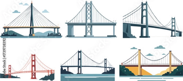 Fototapeta Vector illustration of iconic modern bridges with different architectural designs such as suspension bridge cable stayed bridge and steel bridge in flat design style for transportation infrastructure 