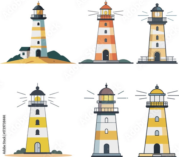 Fototapeta Vector illustration of lighthouse tower in flat design style with coastal beacon navigation light house for sea safety marine travel and ocean landscape