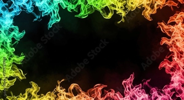 Obraz Rainbow Fire Frame - Vibrant Flames on Black Background.