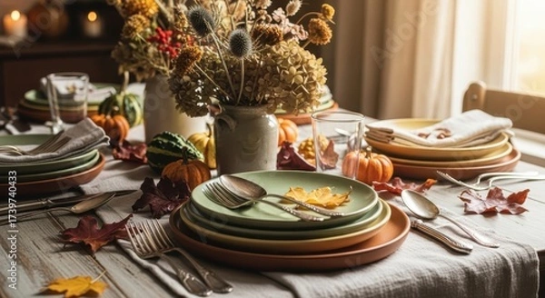 Obraz Beautiful autumn bouquet on the festive table.	 Stylish table setting for Thanksgiving Day. 