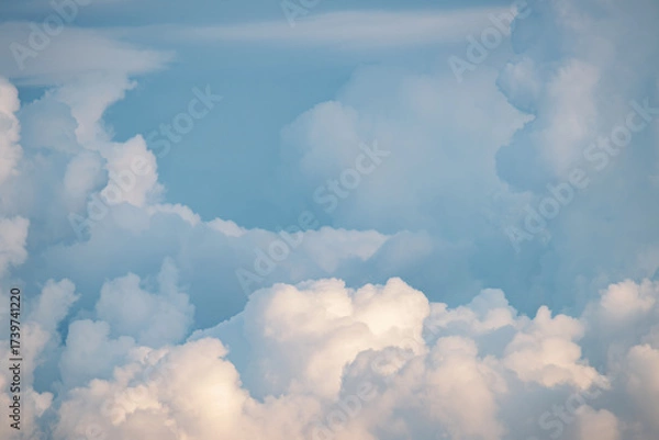Fototapeta White pink fluffy cumulus clouds podium on blue sky with empty space background.Beauty cosmetic product placement pedestal present promotion minimal stand display,dreamy concept.