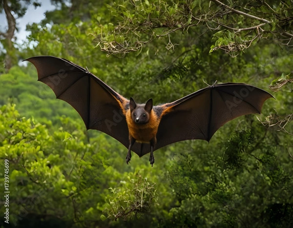 Fototapeta bat on the sky, Large flying fox bat flying with open wings