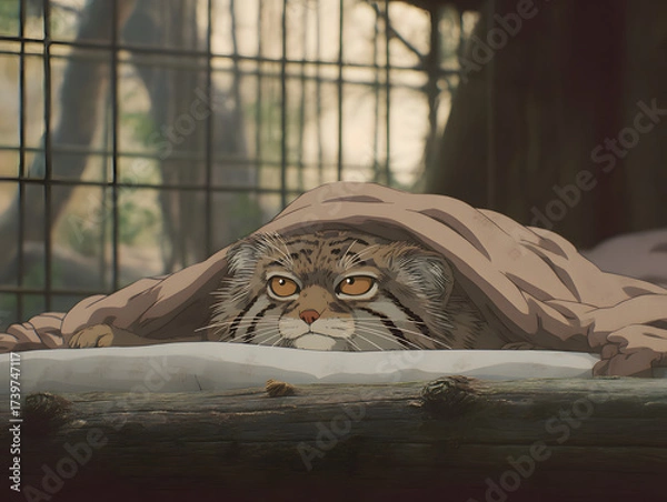Fototapeta A Pallas's cat lies under a blanket. Hyperrealistic illustration.