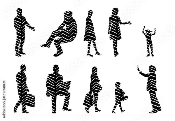 Fototapeta Vector illustration, Outline silhouettes of people, Contour drawing, people silhouette, Icon Set Isolated , Silhouette of sitting people, Architectural set