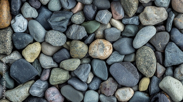 Fototapeta Gray pebbles texture covering full frame, evoking natural stones, zen aesthetics, summer beach vibes, tranquility, and organic simplicity in a serene composition.