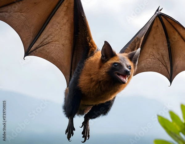 Fototapeta bat on the sky, Large flying fox bat flying with open wings