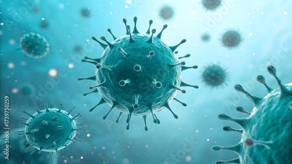 Fototapeta Teal viral particles with spike proteins, macro