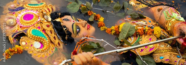 Fototapeta Hindu devotees immerse a clay idol of Goddess Durga into the Brahmaputra River on the concluding day of the Durga Puja festival
