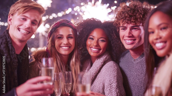 Fototapeta Group of Friends Toasting with Champagne at a Celebration with Fireworks