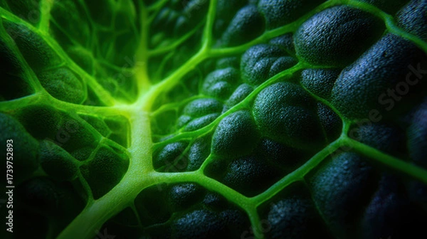 Fototapeta Green leaf close up with textured surface and veins glowing light, showing natural vibrant pattern and fresh organic detail