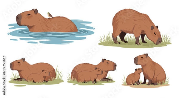 Fototapeta Adorable capybaras enjoying their day in various peaceful settings.