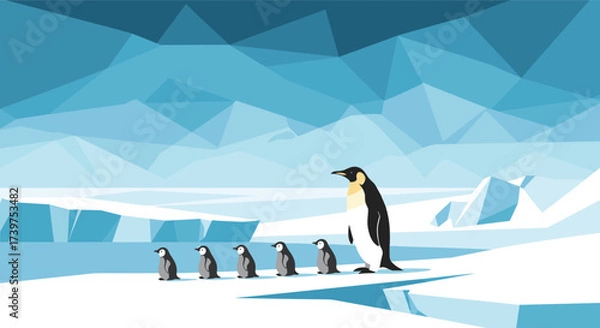 Fototapeta A group of penguins waddling across a frozen landscape.