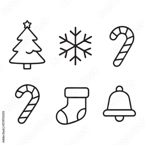 Fototapeta Christmas icons set with tree, snowflake, candy cane and other, isolated on white background
