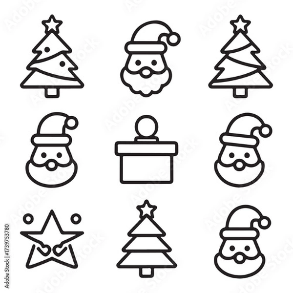 Fototapeta Christmas icons set isolated on white background, including santa and tree