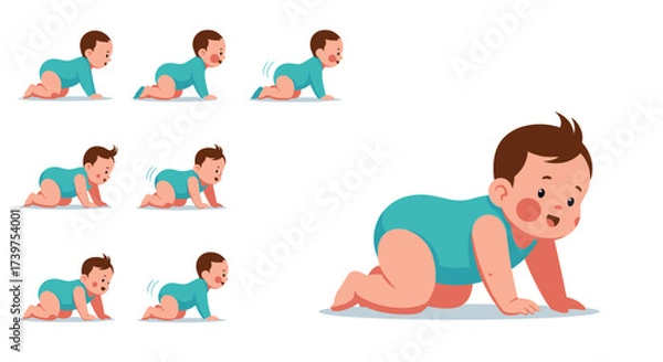 Fototapeta Illustrations of a baby's developmental journey from crawling to taking first steps learning to move.