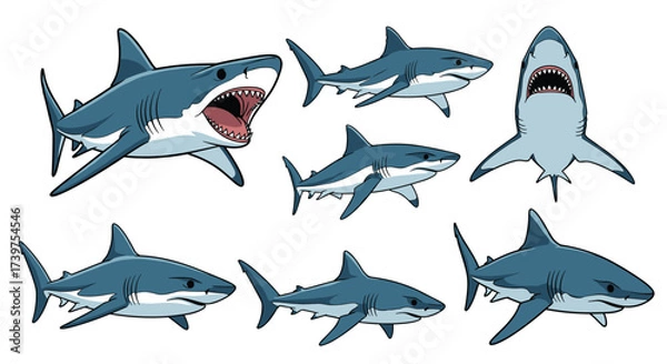 Fototapeta Collection of pixel art illustrations showcasing sharks in various dynamic poses.