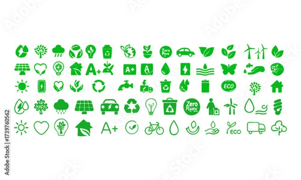 Fototapeta Eco Icons Set 50 Minimal Green Symbols, Flat Vector on White, eco icon set, easily editable and scalable.